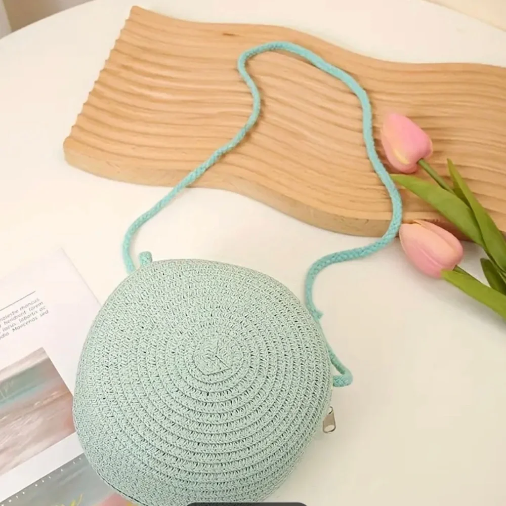 Round Woven Straw Mini Bags, Cute Style Paper Material Handheld Crossbody Pouch